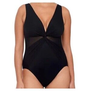 NWT Miraclesuit Miradonna Swimsuit 12 L Black One Piece Illusionist Twist Sheer